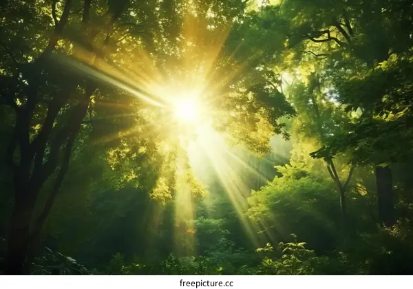 The sun shines through the trees in a lush green forest