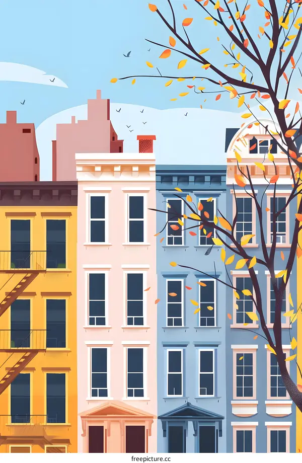 Autumn Fall Foliage Tree and Building Illustration