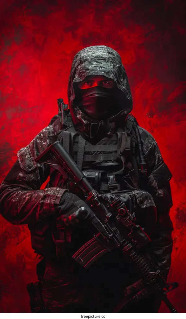 Special forces soldier in black uniform and mask holding a gun