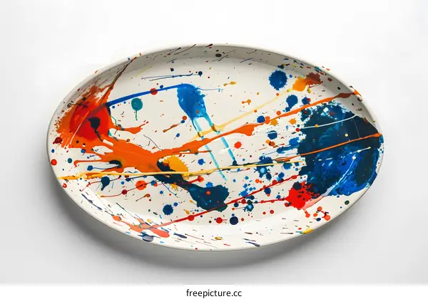 Colorful paint splattered on a white oval plate