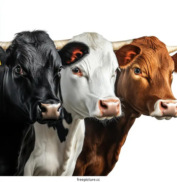 Close Up of Three Different Colored Cows