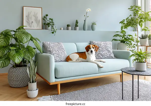 Modern Living Room with Dog and Plants