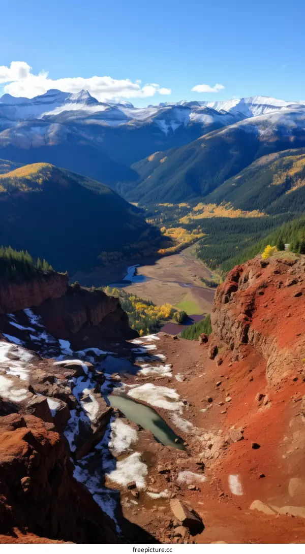 mountain valley landscape with river and snow