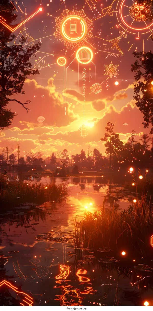 Sunset Over River with Futuristic Symbols
