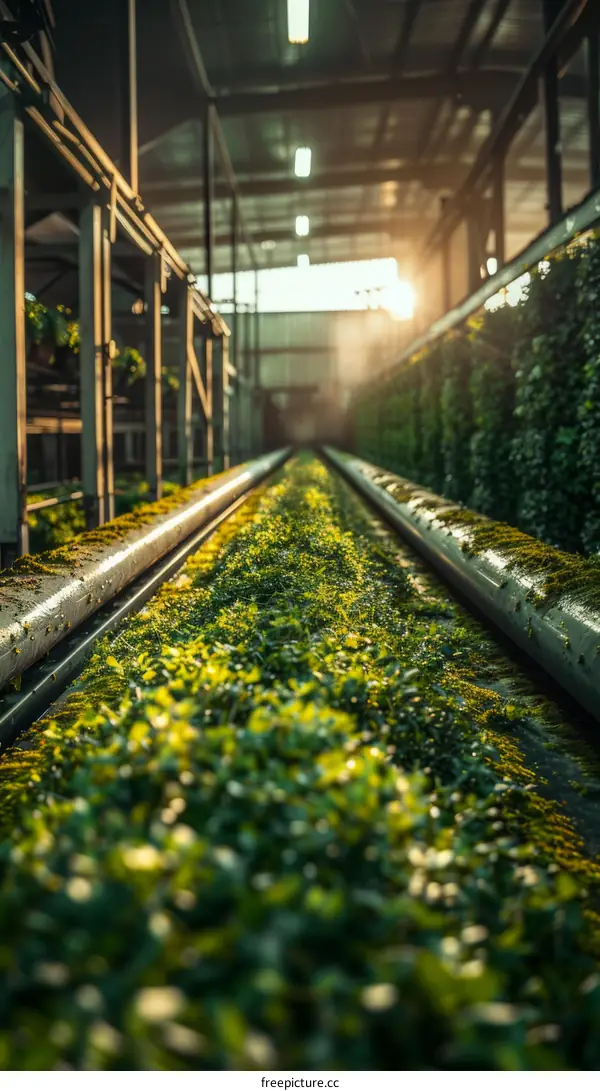 Green conveyor belt with plants growing on it in a greenhouse