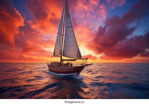 A sailboat on the high seas with a beautiful sunset in the background