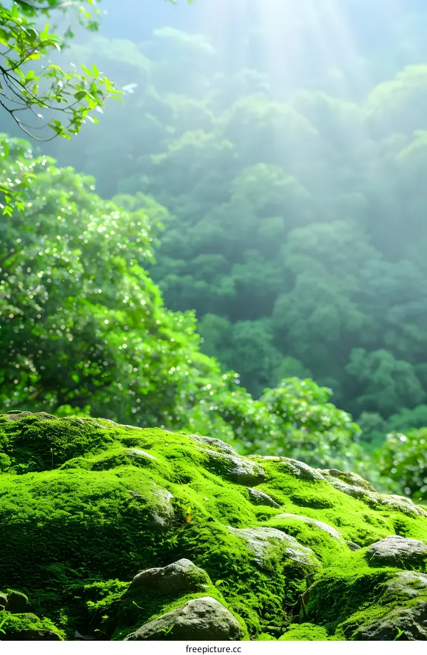 Green Moss Covered Rocks In The Forest