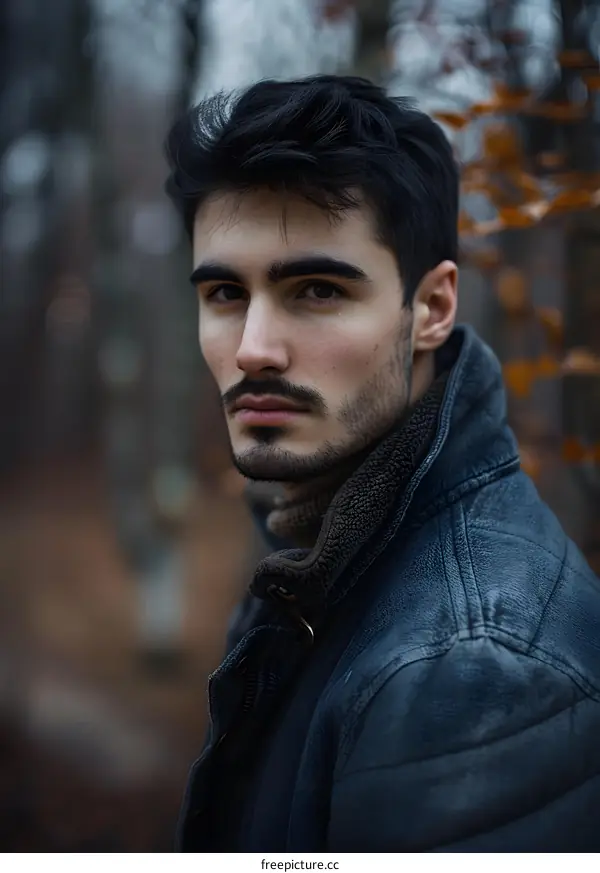 Man with Dark Hair Looking at Camera in Forest