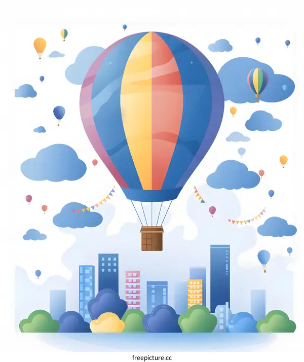 Hot Air Balloon Flying Above Cityscape Illustration