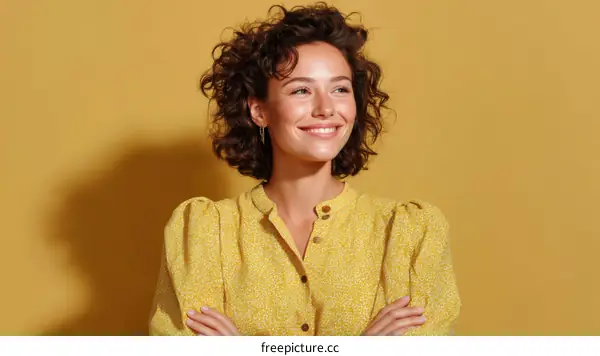 A cheerful young woman with curly hair and yellow blouse stands confidently