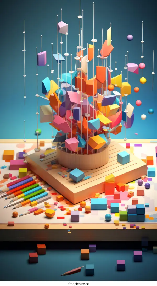 Colorful 3D geometric shapes arranged in a visually pleasing manner