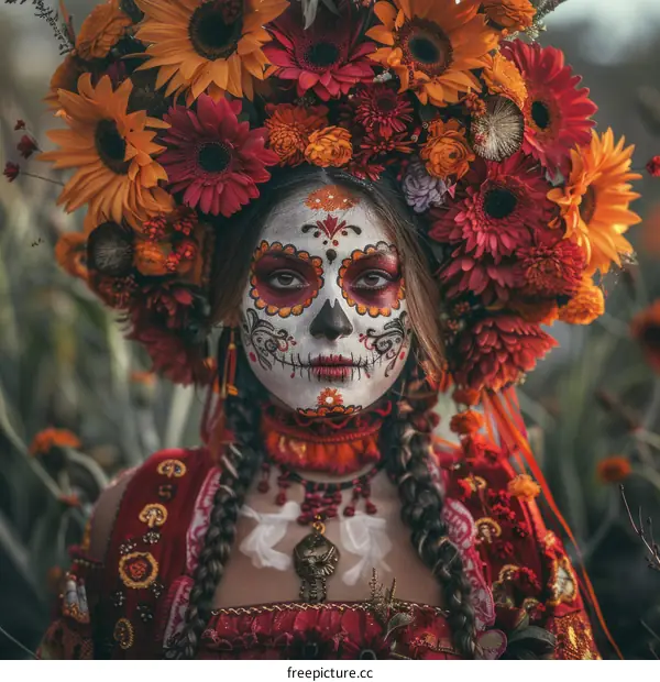 Day of the Dead Portrait: Woman in Traditional Mexican Headdress