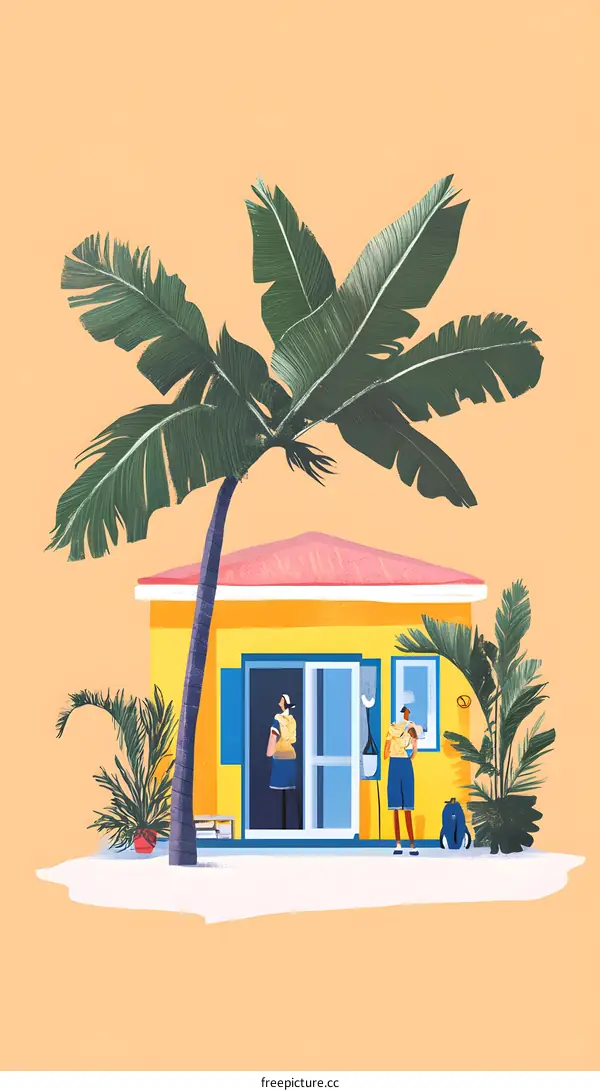 Two People Stand By The Yellow House With Palm Trees