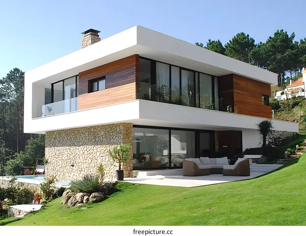 Modern Architecture House with Pool and Lush Green Lawn