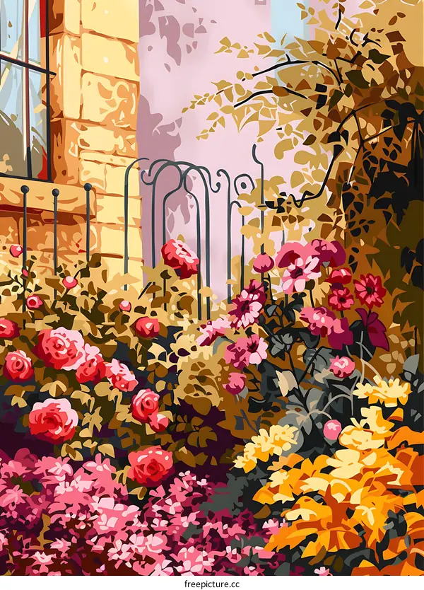 Colorful Garden Flowers And A Stone Wall With A Window