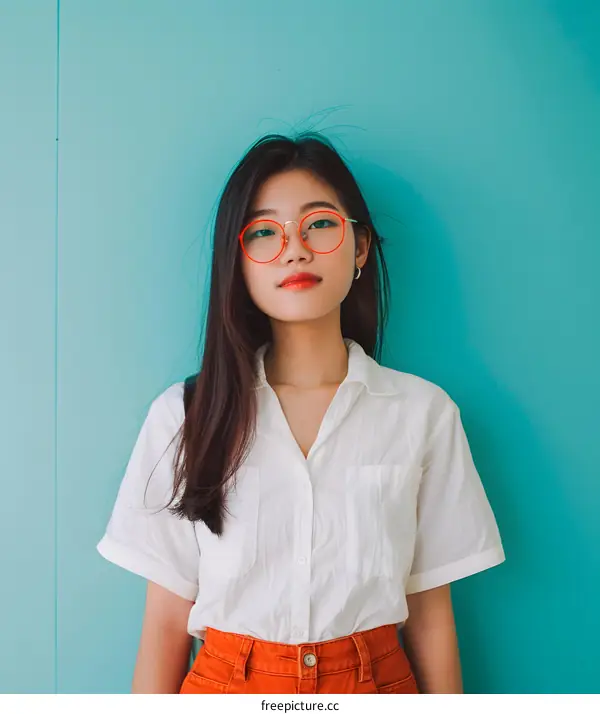 Portrait of a Young Asian Woman Wearing Red Glasses in a White Shirt