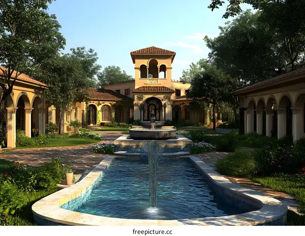 Italian Style Villa with Fountain and Garden