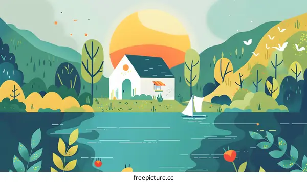 House by the Lake with Sunrise and Sailboat