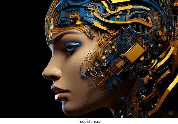 A woman's face with a golden circuit board pattern