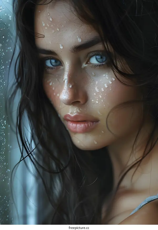 Portrait of a young woman with water drops on her face
