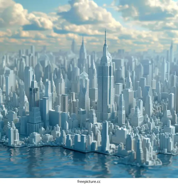 3D Cityscape with Skyscrapers and a River