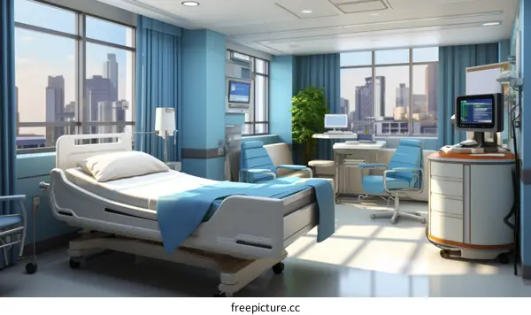 Hospital Room Interior with Bed, Chairs, Computer, and Plant