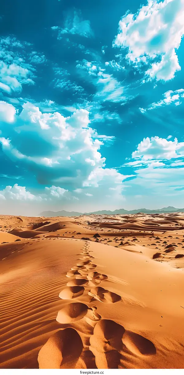 Footprints in the Desert Sand Under a Blue Sky