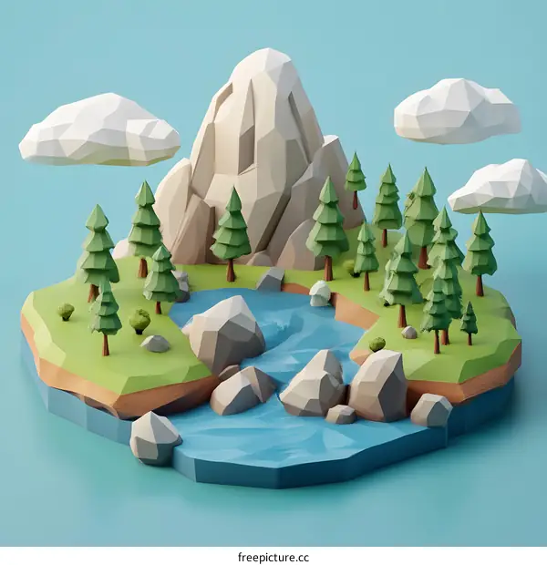 Low Poly Mountain Landscape with River and Trees
