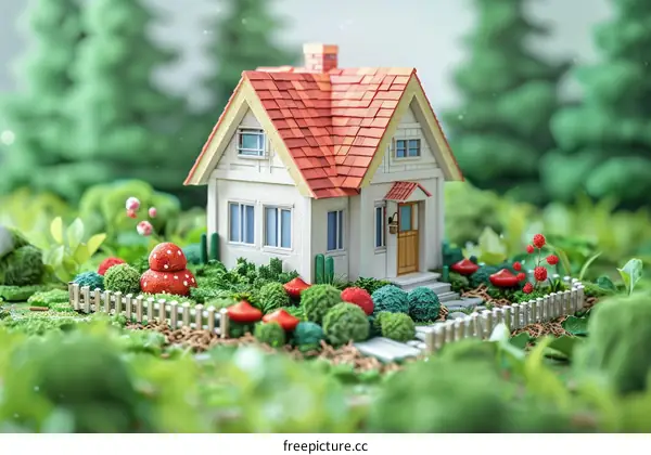 3D rendering of a small house in the middle of the forest