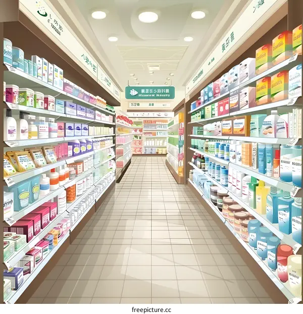 Illustration of a Supermarket Aisle with Products on Shelves