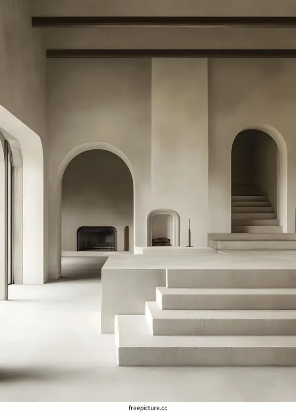 Minimalist Interior Design with Arched Openings and Concrete Steps