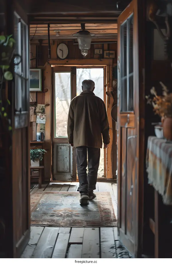 An old man walking in a wooden house