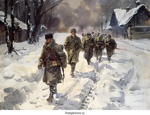 A group of soldiers marching through the snow in winter