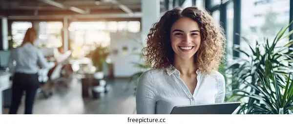 Smiling Woman Holding Tablet in Modern Office