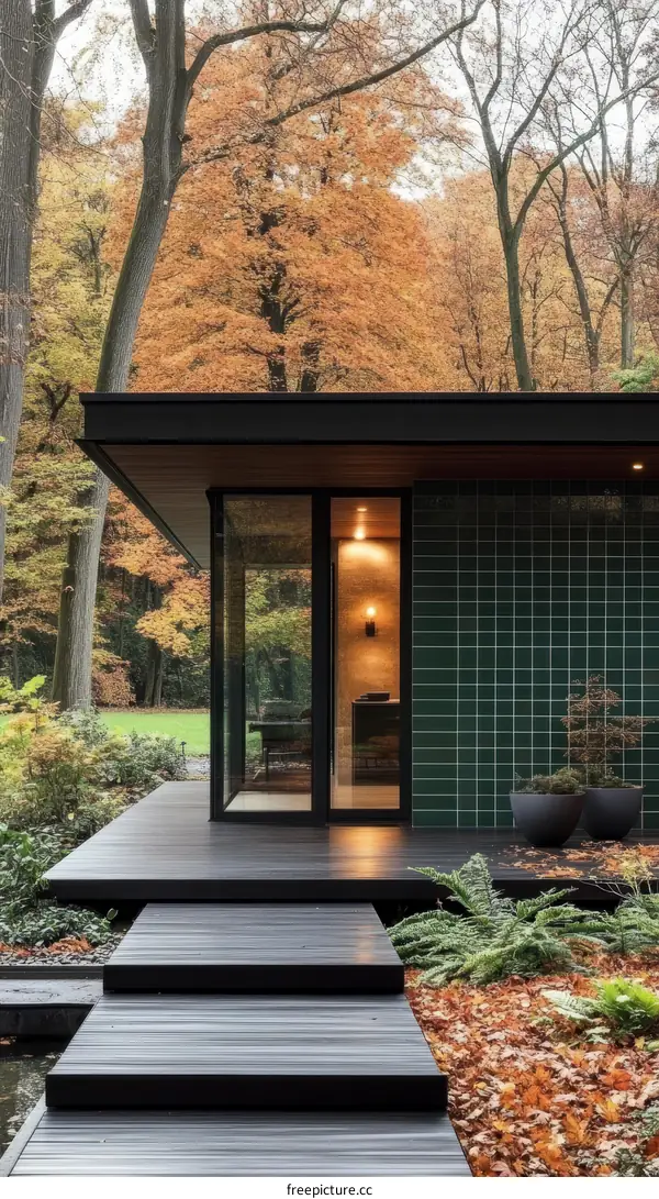 Modern House Exterior with Autumn Foliage