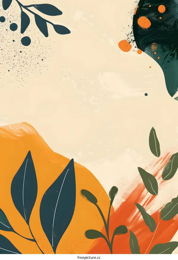 Abstract  Background  with Green Leaves and Orange Shapes