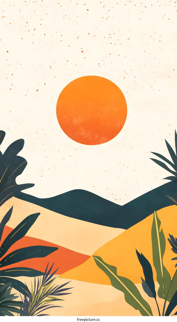 Abstract Landscape With Tropical Plants and Sun