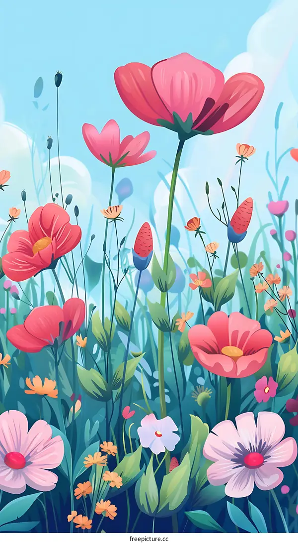 Colorful Flowers in a Field Illustration