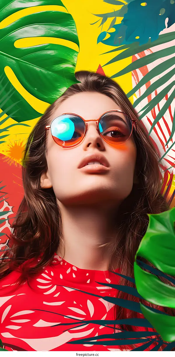 Woman Wearing Sunglasses and Tropical Print Shirt