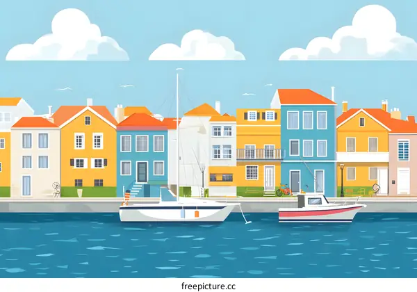 Colorful Houses and Boats on a Sunny Day by the Sea