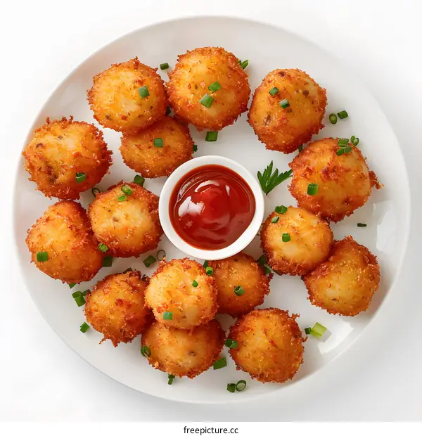 Plate of delicious potato croquettes with herbs and ketchup