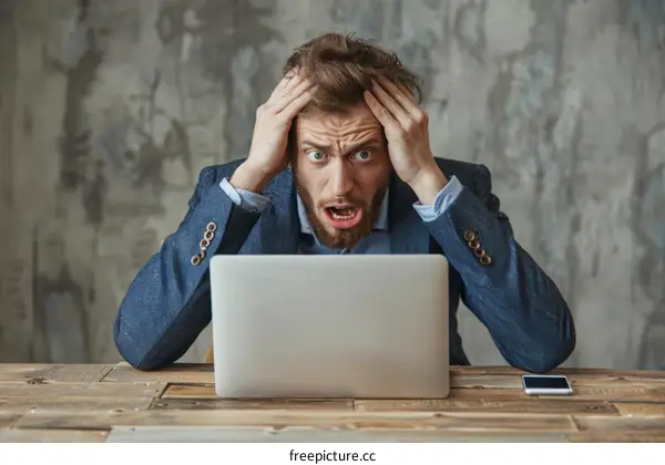 Shocked businessman looking at his laptop screen