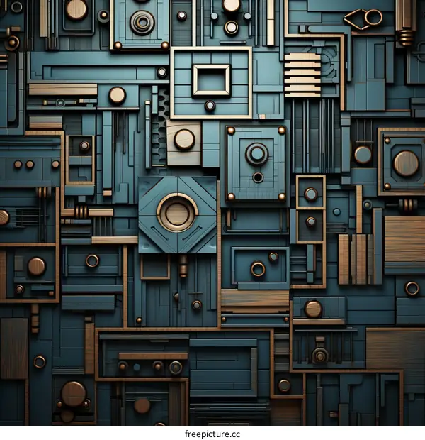 Blue and brown geometric shapes form an abstract background