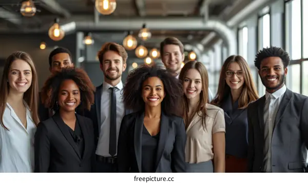 Group of smiling business professionals in a modern office