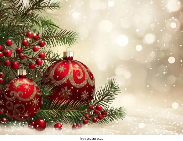 Christmas Ornaments on Pine Branch with Snow