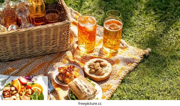 Picnic Basket with Food and Drinks on Grass