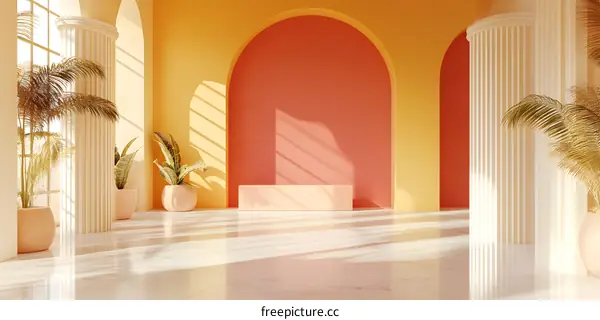 Minimalist Interior Design With Yellow and Red Walls and Arched Windows