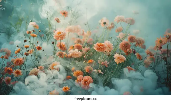 ethereal flower field with peach colored flowers and white wispy clouds