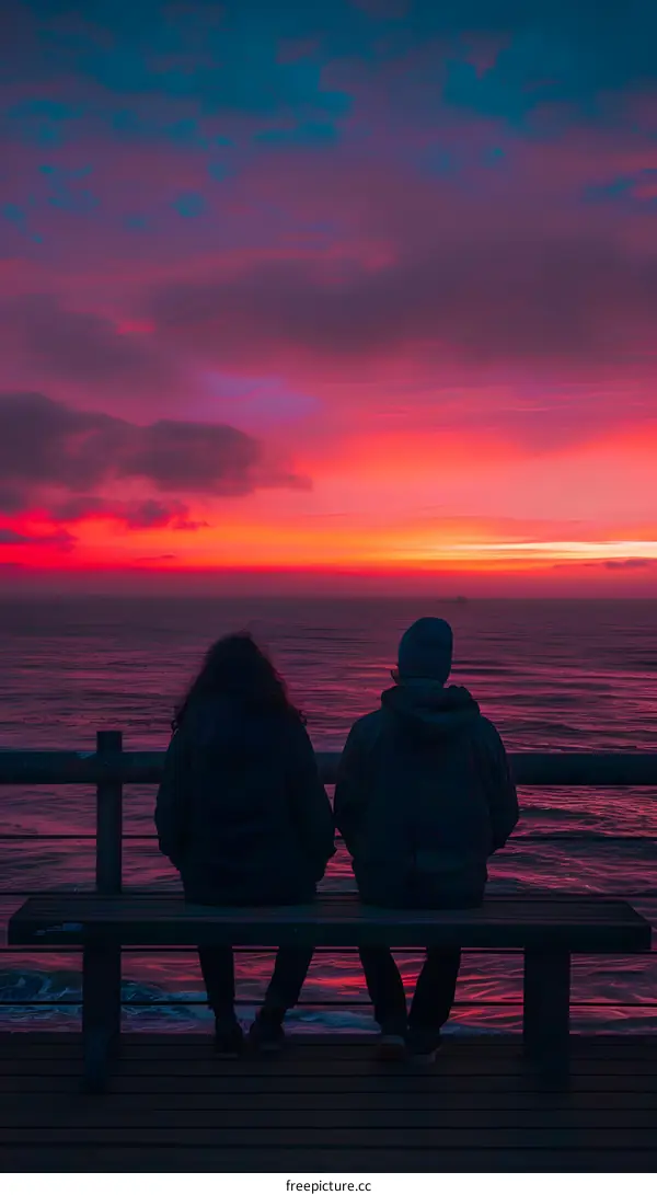 A couple is sitting on a bench watching the sunset over the ocean.