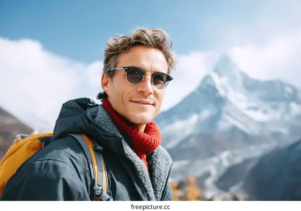 Caucasian Man Hiking in Snowy Mountains